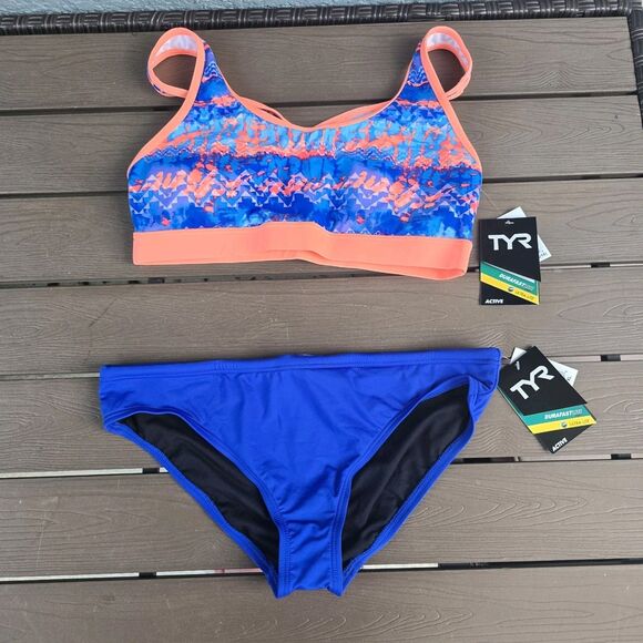TYR Emerald Lake Racerback Swim Active Top Coral/blue & Bikini Sz XL New - Picture 1 of 4